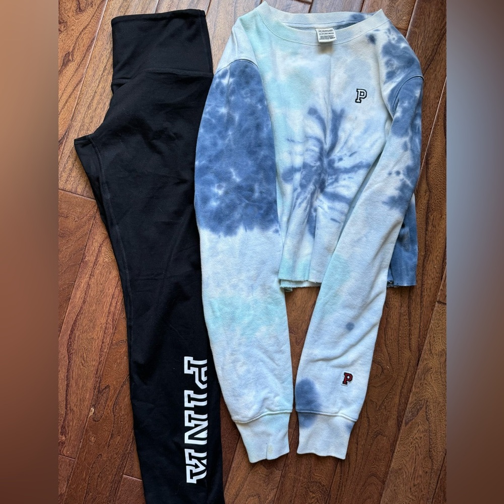 PINK by Victoria’s Secret cozy black leggings Sz S and tie dye sweatshirt Sz XS